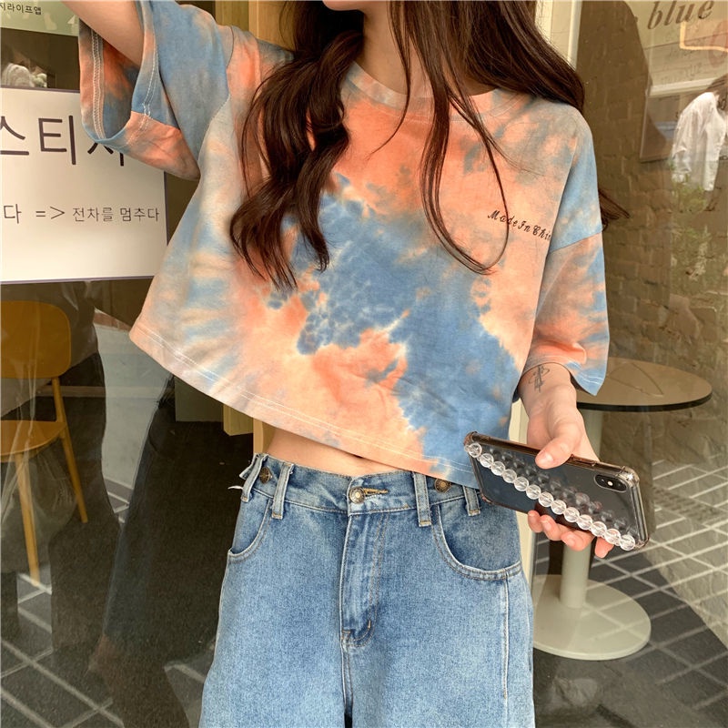 Áo thun croptop tay ngắn nhuộm màu loang thời trang cho nữ