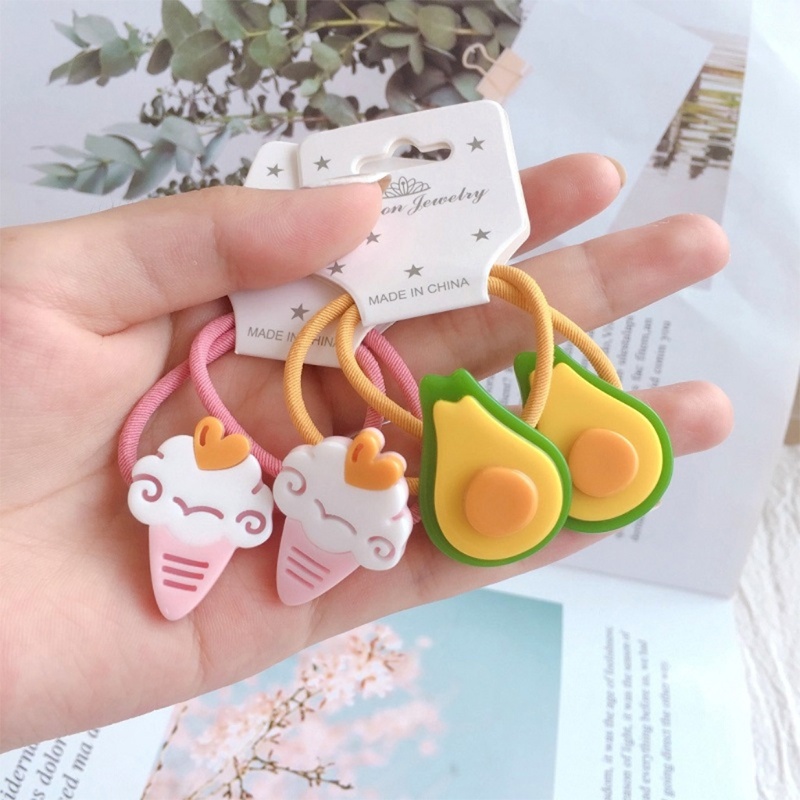 Set 2 Dây Buộc Tóc Cao Su Co Giãn Gắn Hình Thú Hoạt Hình / Trái Cây Phong Cách Hàn Quốc Cho Bé Gái Giá Đỡ