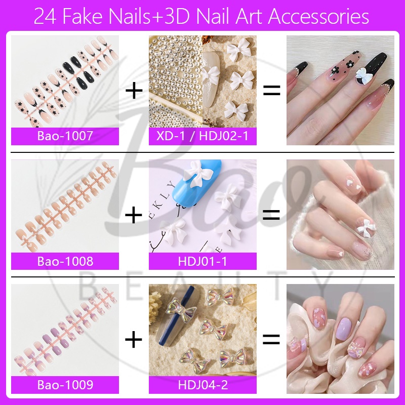 Set 24 Móng Tay Giả 2022 Họa Tiết 3D Kèm Keo Dán