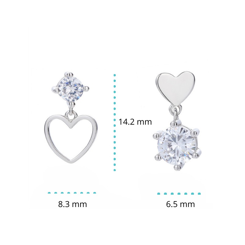 Bông Tai Bạc S925 Trái Tim Đôi Kết Đá CZ Bất Đối Xứng Dễ Thương | Khuyên Tai Nữ Trang Sức Bạc