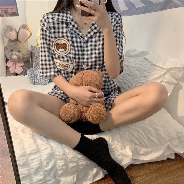 Bộ ngủ Pijama kẻ ô gấu bear 2 túi vải cotton | BigBuy360 - bigbuy360.vn