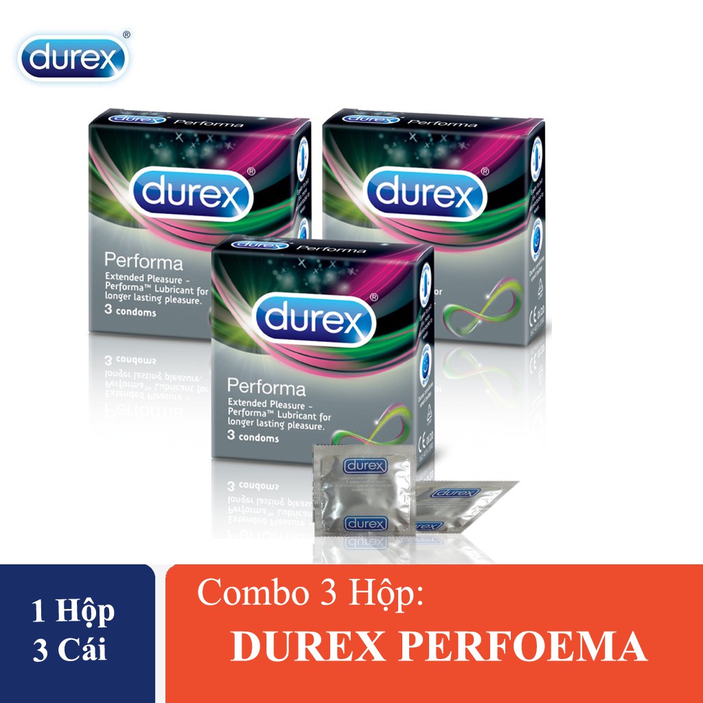 Bộ 3 hộp bao cao su Durex Performa 3 bao/hộp, Bcs Performa Chứa Nhiều Gel Bôi Trơn, Kéo Đài Thời Gian Yêu (Size 52mm)