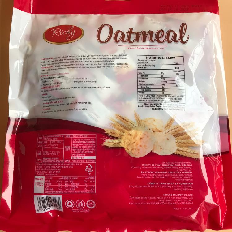 Bánh yến mạch Oatmeal Richy socola sữa túi 250g