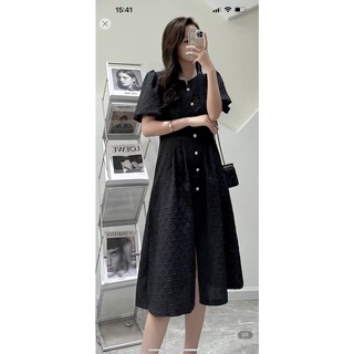 Váy thiết kế, váy tiểu thư dáng xòe sẻ tà đính cúc chất xốp 3d nữ tính