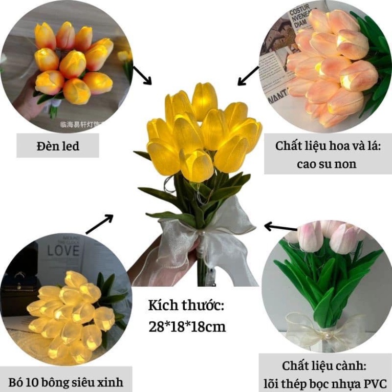Bó 10 cành hoa tuylip đèn LedFREESHIPHoa phát sáng,Hoa lụa giả kèm nơ xinh Decor trang trí nhà cửa siêu xinh