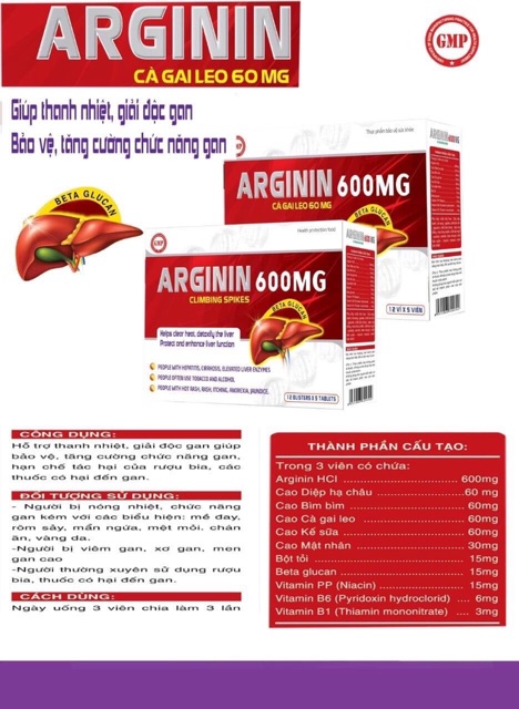 Viên uống bổ gan, mát gan Arginin 600mg cà gai leo Tăng cường chức năng gan hiệu quả, mát gan lợi mật hộp 60 viên