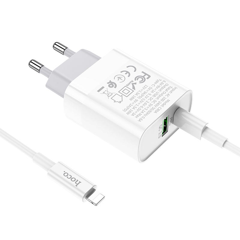 Bộ Sạc Cho Iphone 11 18W Hoco C80A (Bao Gồm Cáp Type C to Lightning) Hỗ Trợ Sạc Nhanh PD 18W Và QC3.0