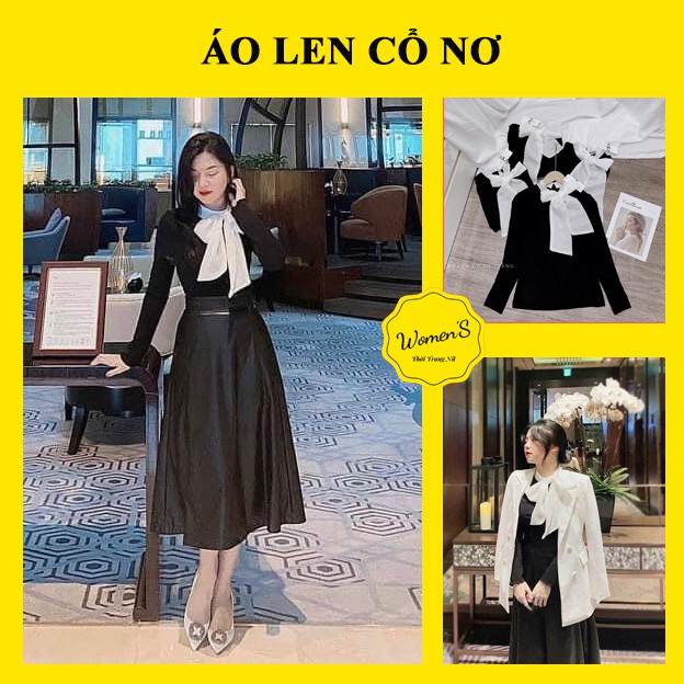 ÁO LEN TĂM NỮ DÀI TAY ĐEN CỔ NƠ TRẮNG HÀN QUỐC (ẢNH THẬT SHOP CHỤP) | BigBuy360 - bigbuy360.vn