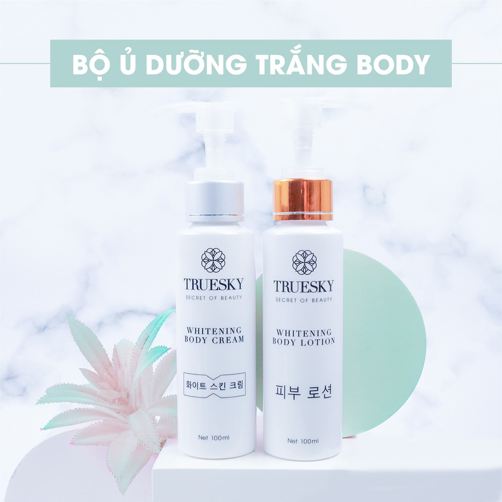 Bộ sản phẩm dưỡng trắng Truesky VIP21 gồm Kem dưỡng body + Kem ủ body + Sữa rửa mặt nha đam + Serum dưỡng trắng