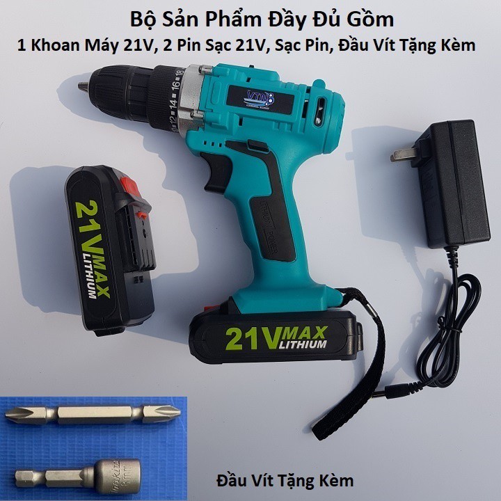 Máy Khoan Pin Bắt Vít VTN 21V Lõi Đồng 2 Pin  - Khoan , Sắt, Gỗ, Bắn Vít Tặng Kèm Đầu Tháo Vít Bảo Hành 6 Tháng