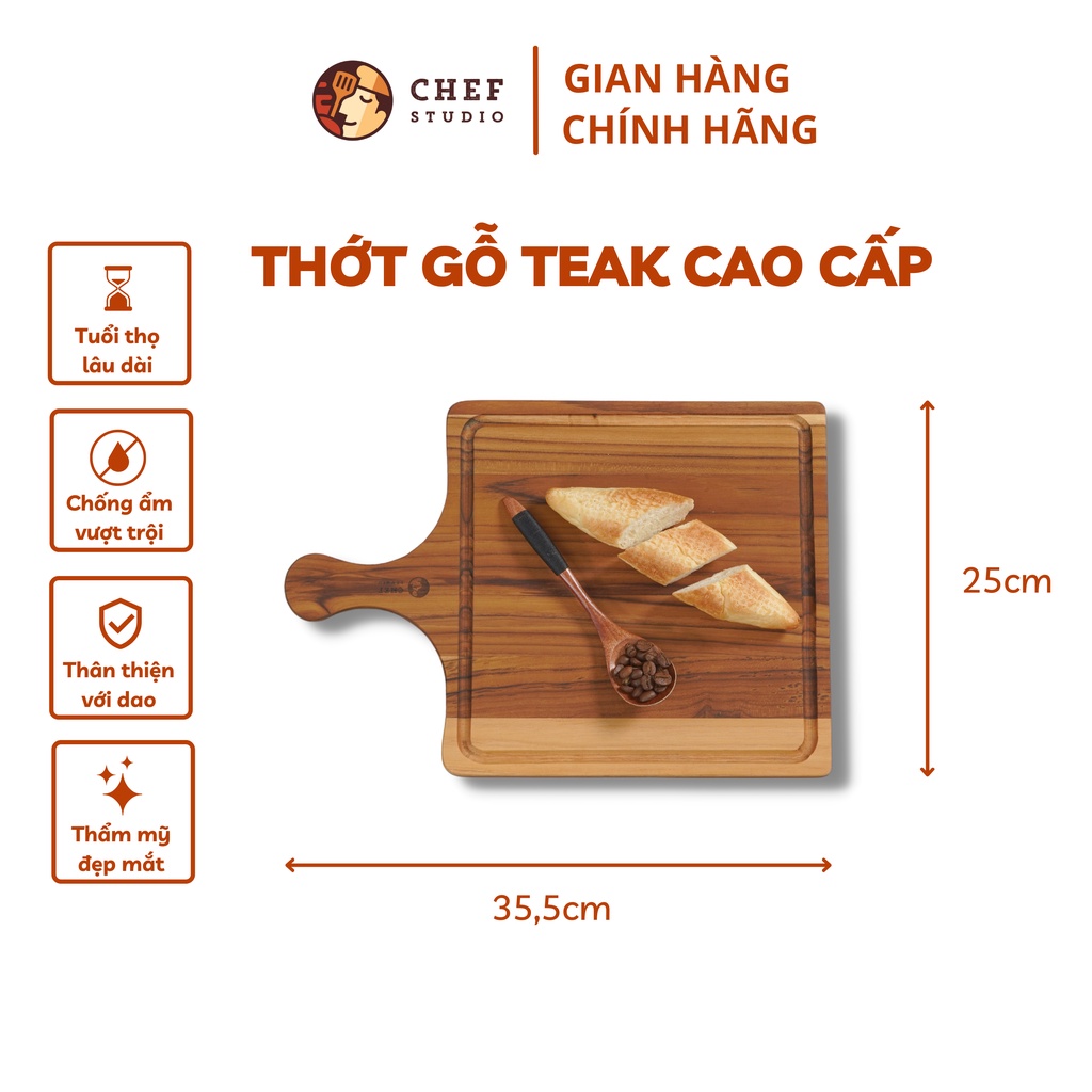 Thớt gỗ Teak Chef Studio cao cấp hình vuông có tay cầm, dùng cho cắt thái và trang trí