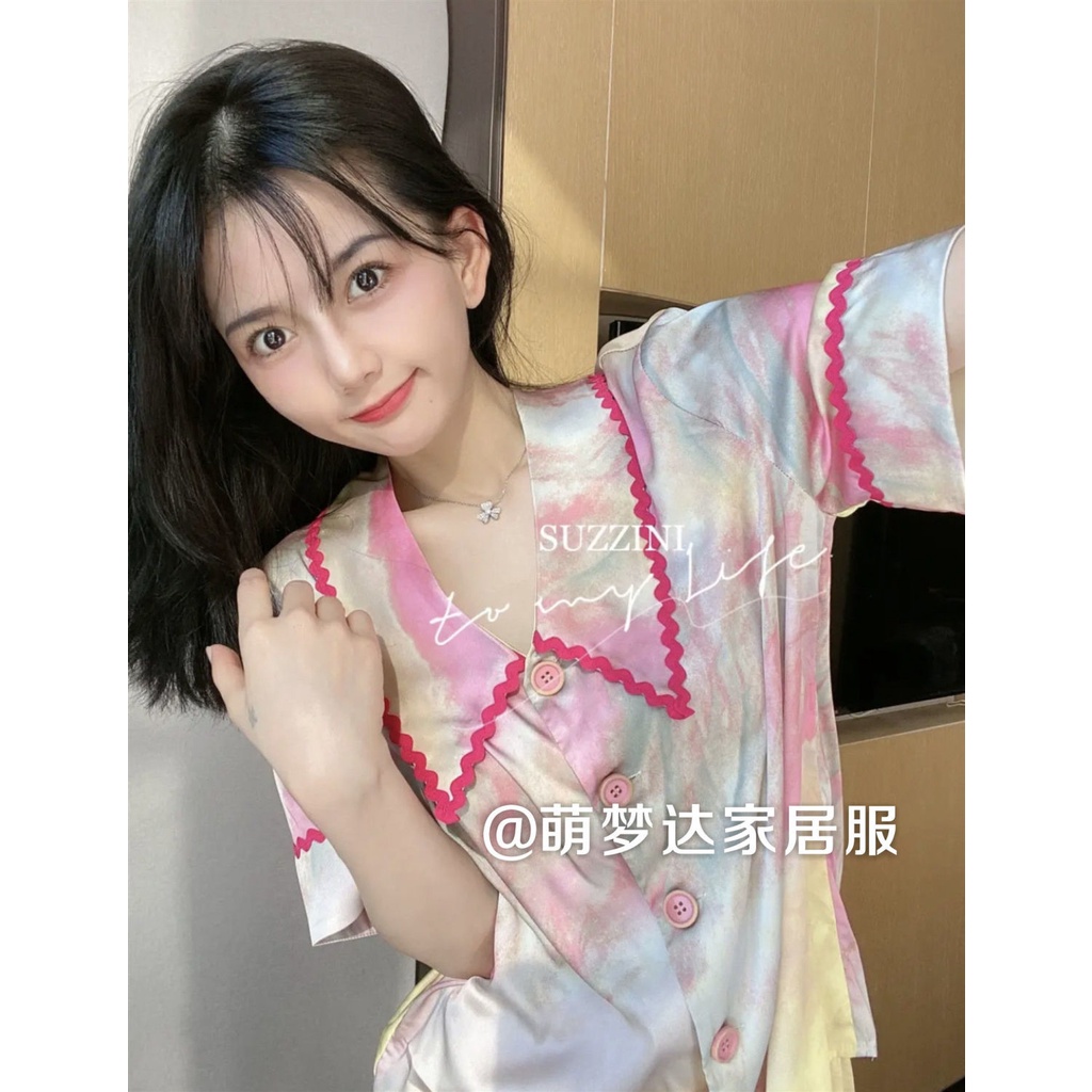 Bộ Đồ Ngủ Ngắn Tay Họa Tiết Màu Nhuộm Thời Trang Mùa Hè Cho Nữ