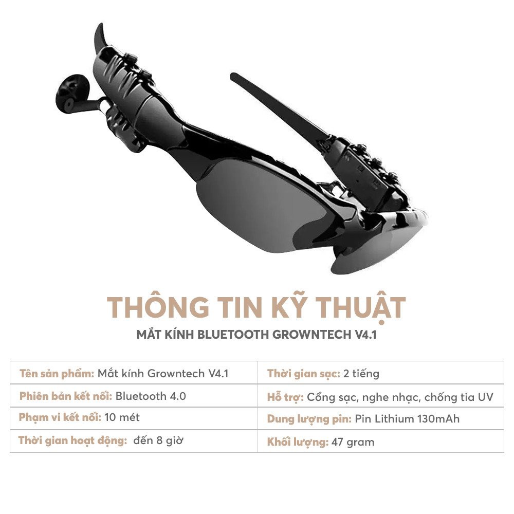 Mắt kính Bluetooth Sport GrownTech V4.1 kết nối điện thoại tiện lợi chống tia UV