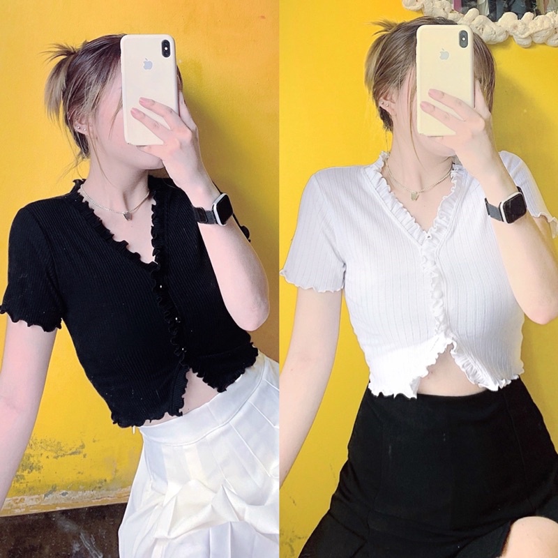 Áo Croptop Viền Bèo Cúc Bật (Ảnh thật) YUMI BÁN SỈ ⚡ Áo Croptop Tay Ngắn Bèo Thun Gân Co Giãn Cổ Chữ V | BigBuy360 - bigbuy360.vn