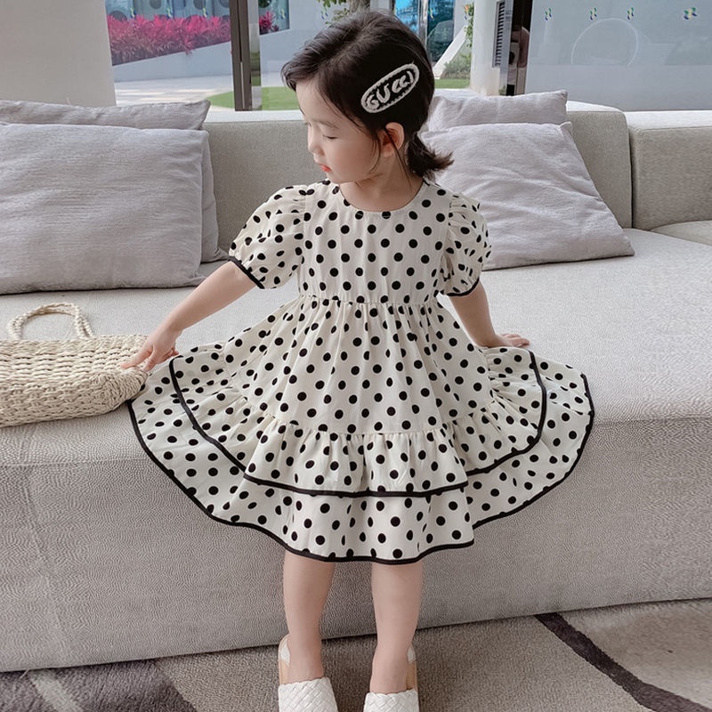 Đầm Công Chúa Vải Voan Tay Phồng Họa Tiết Chấm Bi Thời Trang Mùa Hè Cho Bé Gái