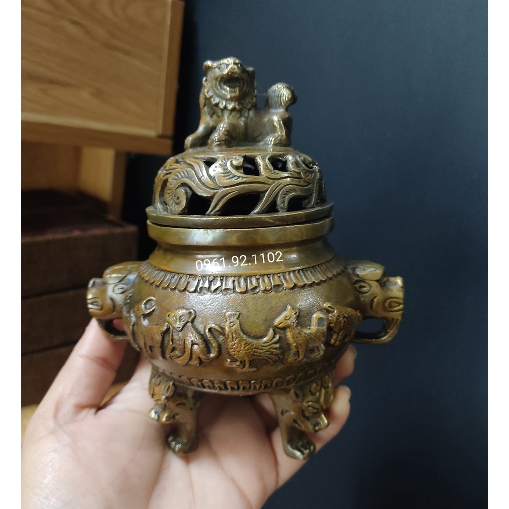 Lư Xông Trầm Hương - Đỉnh Đốt Nhang  Lư Đồng Cổ Đúc Nguyên Khối 12 con Giáp rất đẹp