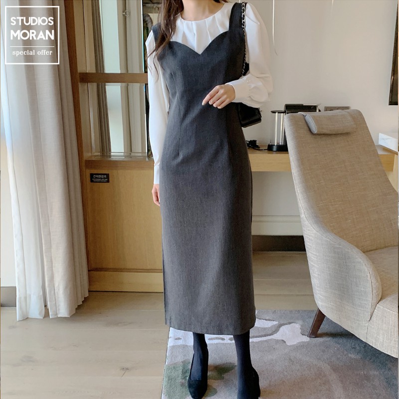 Váy yếm hai dây MORAN suông dài xẻ tà điệu đà thanh lịch nhẹ nhàng style Hàn Quốc