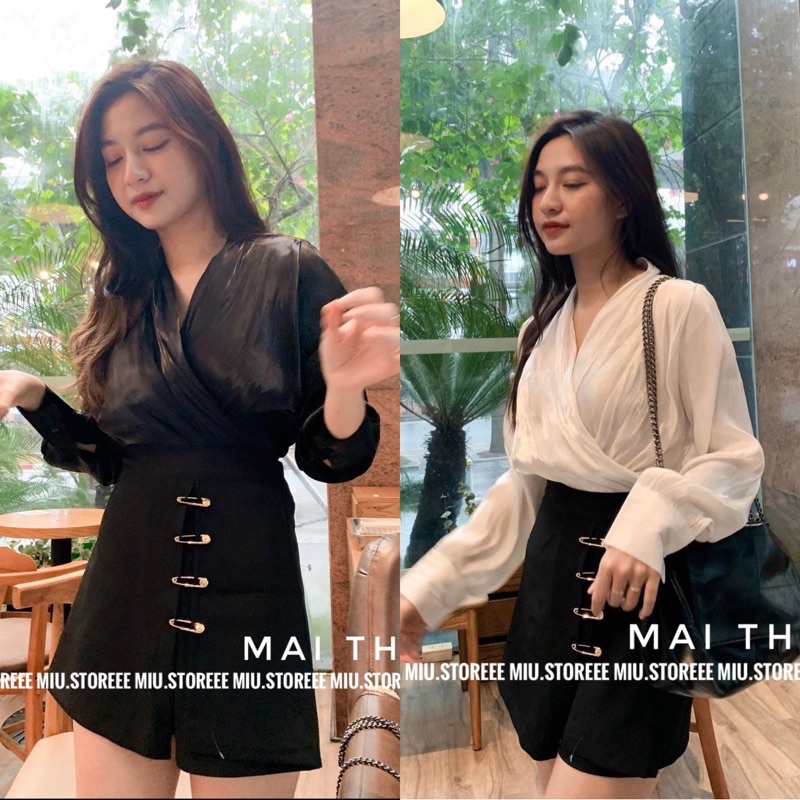 SET ÁO LỤA CỔ V XẺ BO TAY KÈM CHÂN VÁY PHỐI RUY BĂNG DÁNG CHỮ A