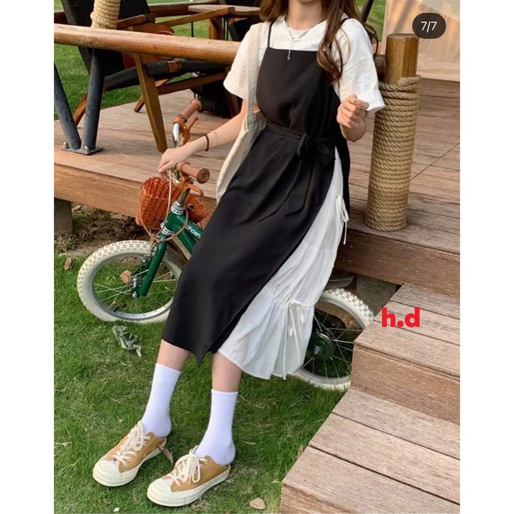 Sét yếm buộc eo phối váy trắng HARIQUEEN