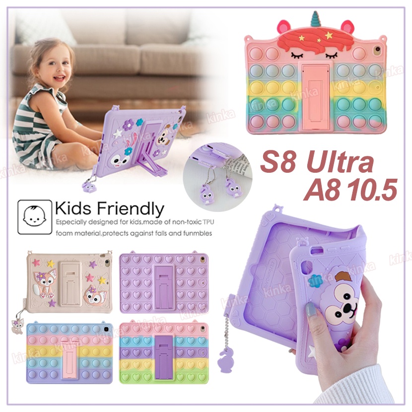 Phim hoạt hình Rainbow Unicorn StellaLou Soft Silicone POP IT Case có chân đế Giải nén Vỏ máy tính bảng chống sốc cho Samsung Galaxy Tab A8 10.5 SM-X200 X205 X207 S8 Ultra 14.6 X900 X906 T290 T295 297 A7 SM-T510 515 T500 505 507 S6 Lite P615 610 T220 T225
