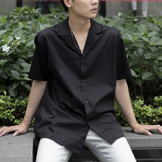 Áo Sơ Mi Revere Collar Tay Ngắn Trơn Màu Đen