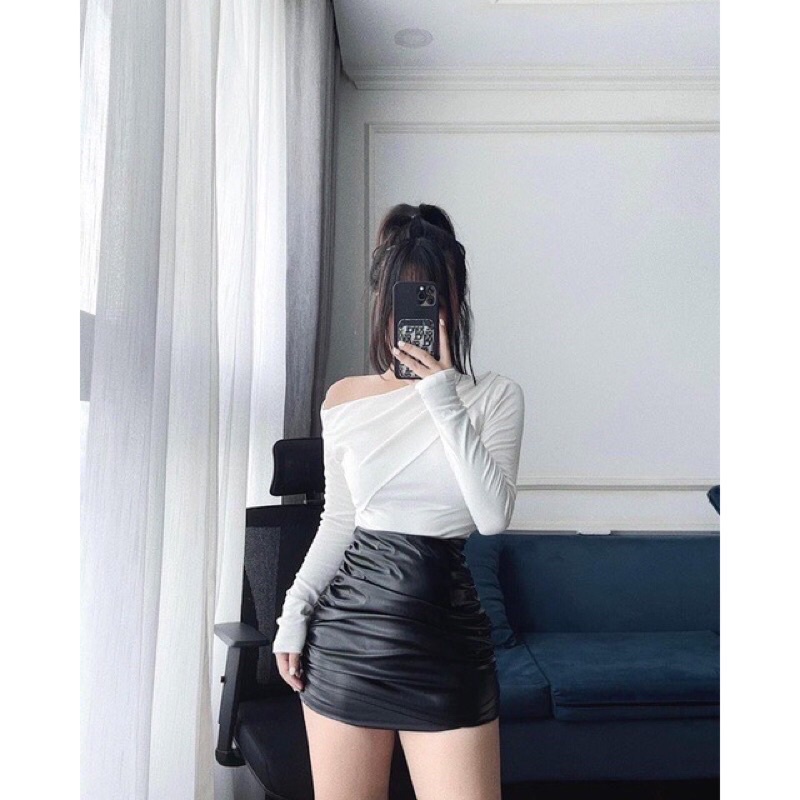 Áo thun trễ vai nhún tay dài Sammivnxk❤️Áo lệch vai dài tay❤️freeship