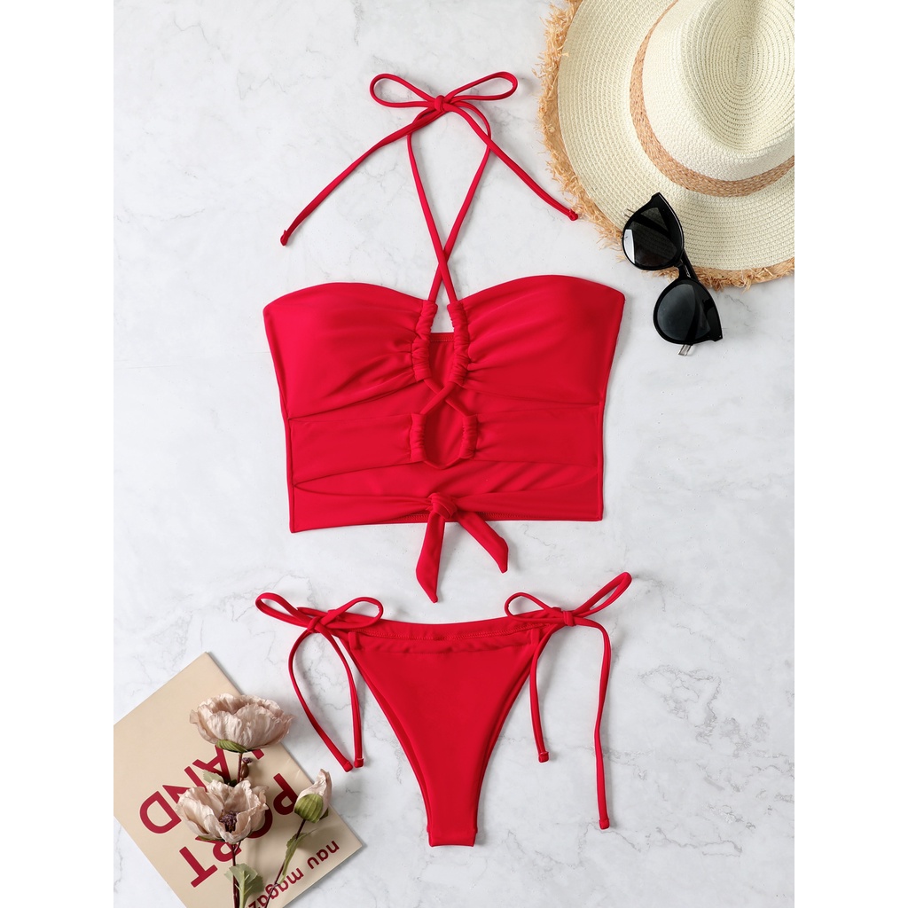 [BKN1574] &lt;ÂU&gt; SET BIKINI ĐỎ CUTOUT NƠ EO