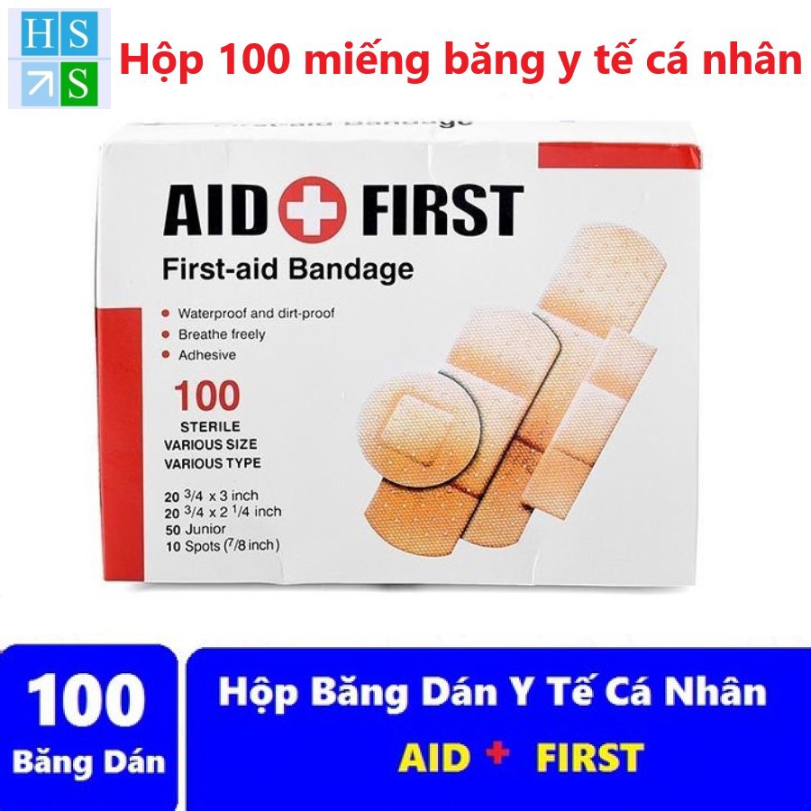 Hộp 100 miếng Băng y tế cá nhân AID FIRST băng keo gâu chống nước và tiệt trùng - HS Shop Thủ Đức