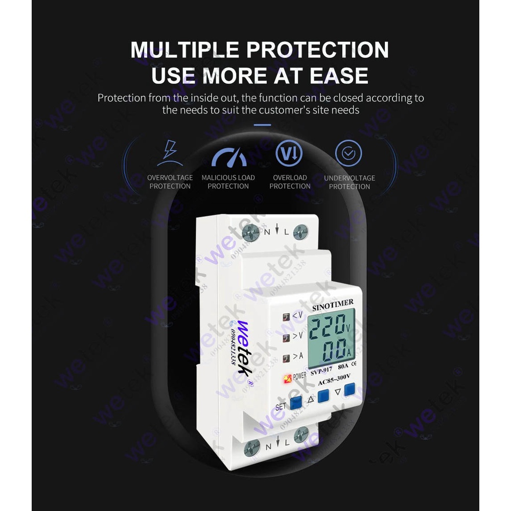 SVP-917 Công tơ kiêm bảo vệ điện áp, dòng điện, LCD, 9999.9kWh , 85~300Vac, 1~80A, đo V A kWh kW, Sinotimer