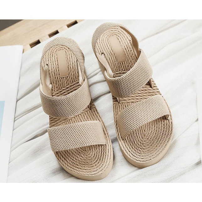 Dép sandal nữ cao gót 5 phân đế bằng vân cói thời trang cao cấp DN41