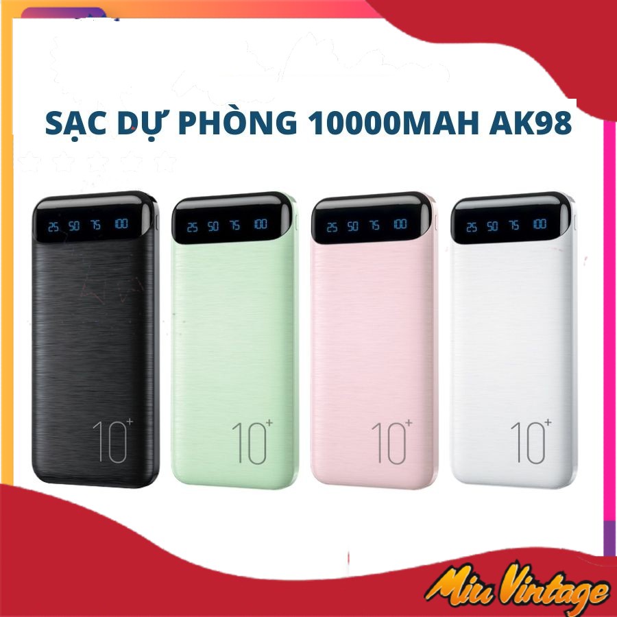 Sạc dự phòng AK98 10000mah 2 cổng USB hỗ trợ sạc nhanh, màn hình LED hiển thị pin dự phòng