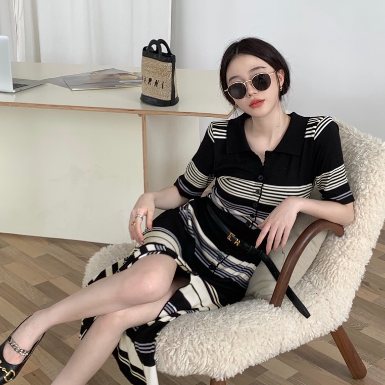 【Hana and Alice】Đầm Dệt Kim Cổ POLO Dáng Ôm Họa Tiết Kẻ Sọc Thời Trang Sang Trọng Cho Nữ