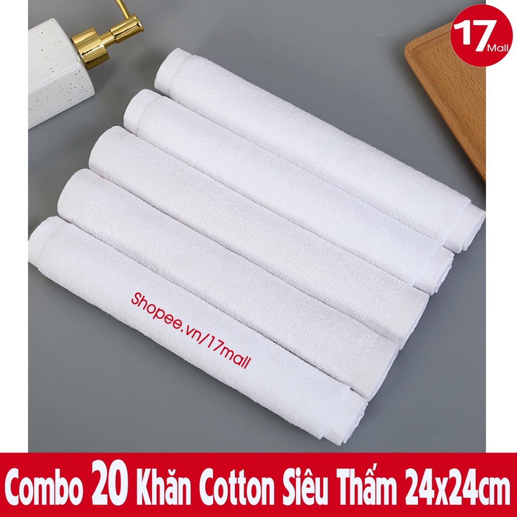 Combo 20 khăn trắng cotton 24x24 đa năng, khăn vuông lau bếp, xe ô tô, lau quán ăn, bệnh viện, spa, nail, trường học