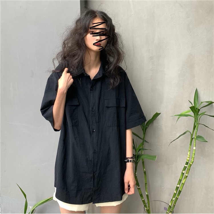 Áo Sơ Mi Form Rông tay ngắn kiểu Hàn màu đen trắng cam be vàng phối túi ngực siêu xinh. MET SHOP