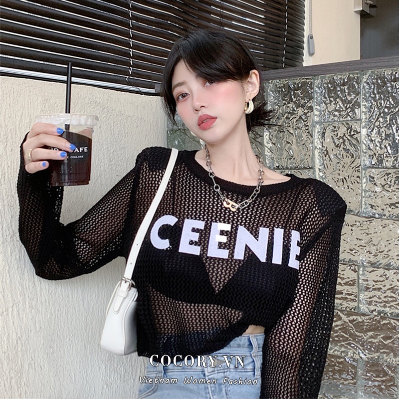 Cocory vn Áo Sweater Dệt Kim Mỏng Tay Dài Trong Suốt In Chữ Đơn Giản Quyến Rũ Cho Nữ