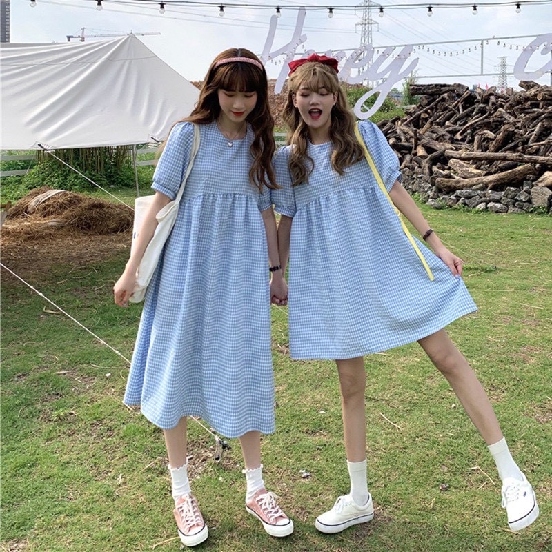 Váy babydoll caro tay phồng xanh dương 2hand