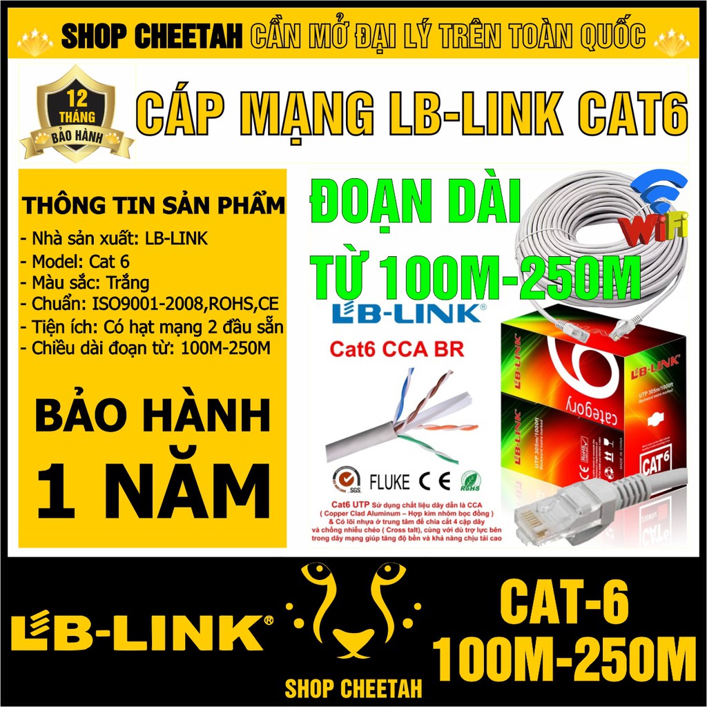 Đoạn dài từ 100m-250m - Dây cáp mạng Lb-Link Cat6 – Bấm sẵn 2 đầu – Cắt từ cuộn tiêu chuẩn – Chính hãng LB-LINK