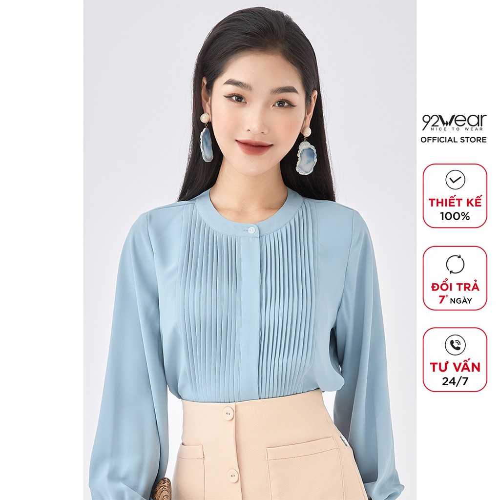 Áo sơ mi nữ công sở 92WEAR thiết kế dài tay xếp ly ngực ASA1321