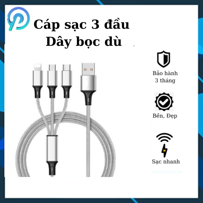 Dây Sạc điện thoại 3 in 1 Đầu Bọc Dù ( USB to Type C / Lightning/ Micro USB, Fast Charging & Data Cable )