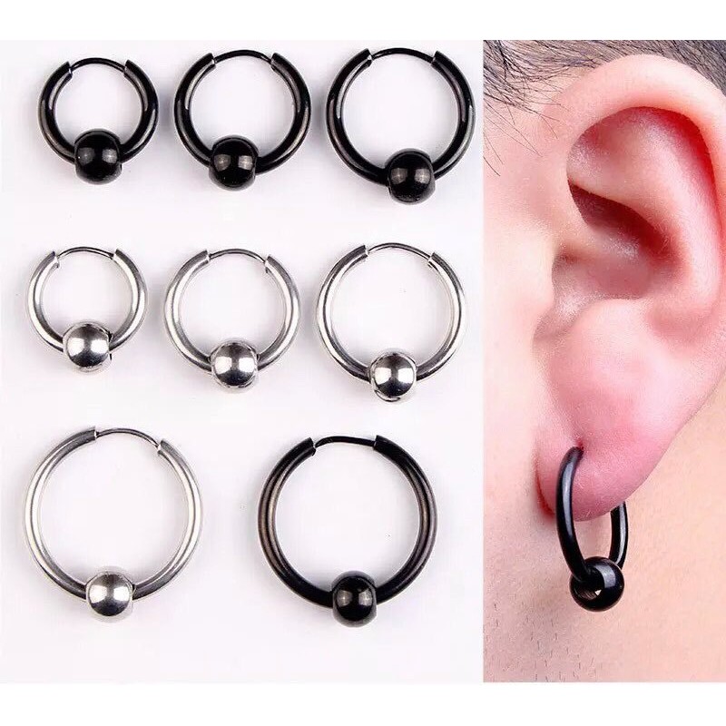 Ball Hoop Earring khuyên tai titan tròn phối bi không gỉ không đen không dị ứng nam nữ unisex