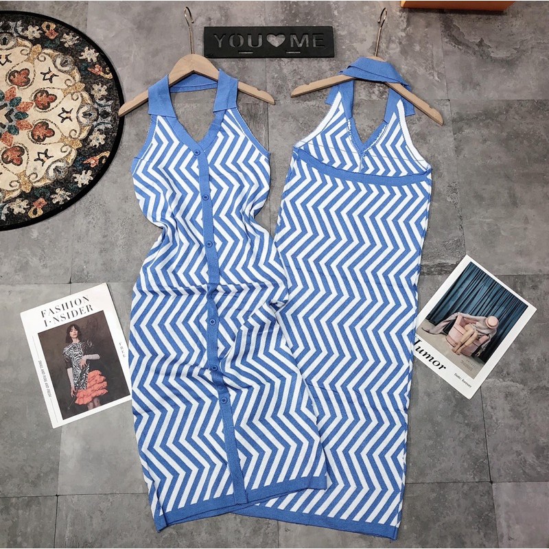 💥Đầm váy body len kẻ zic zắc kiểu yếm có cổ bẻ hot hit