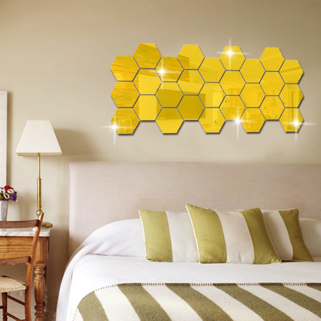 12pcs/set Hexagon Removable Acrylic Wall Stickers 3D Mirror Like Bedroom Mural Living Room Wall Ornaments  Kitchentool