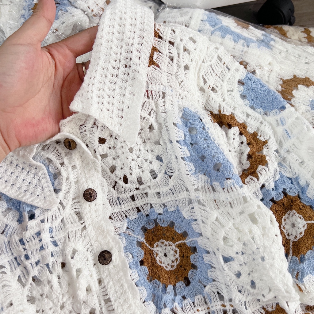 Áo hoa ren cổ bẻ, polo len thêu hoa hàng Quảng Châu-Minxy shop