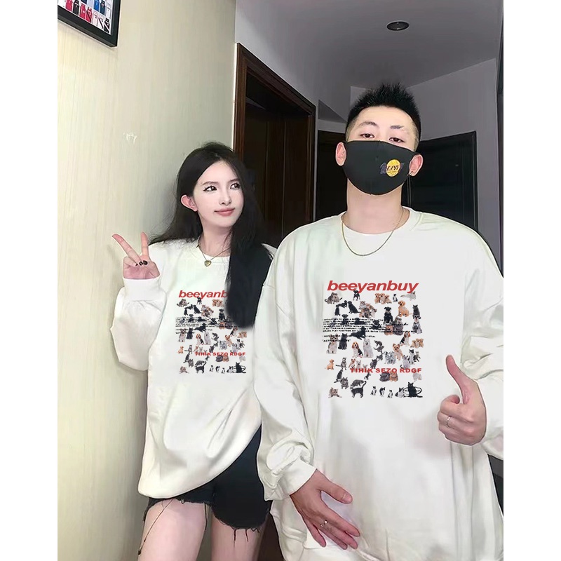 Áo sweater IHKKE cổ tròn dáng rộng in họa tiết động vật phong cách Mỹ cổ điển thời trang xuân thu