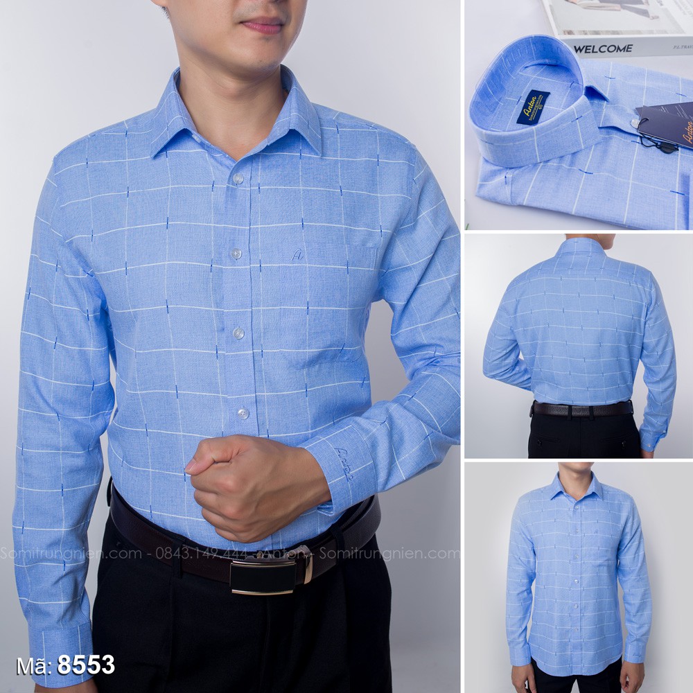 Áo Sơ Mi Nam Thương Hiệu Anton Công Sở Trung Niên Dài Tay Màu Xanh Họa Tiết Kẻ Caro Ngang - 8553 | BigBuy360 - bigbuy360.vn