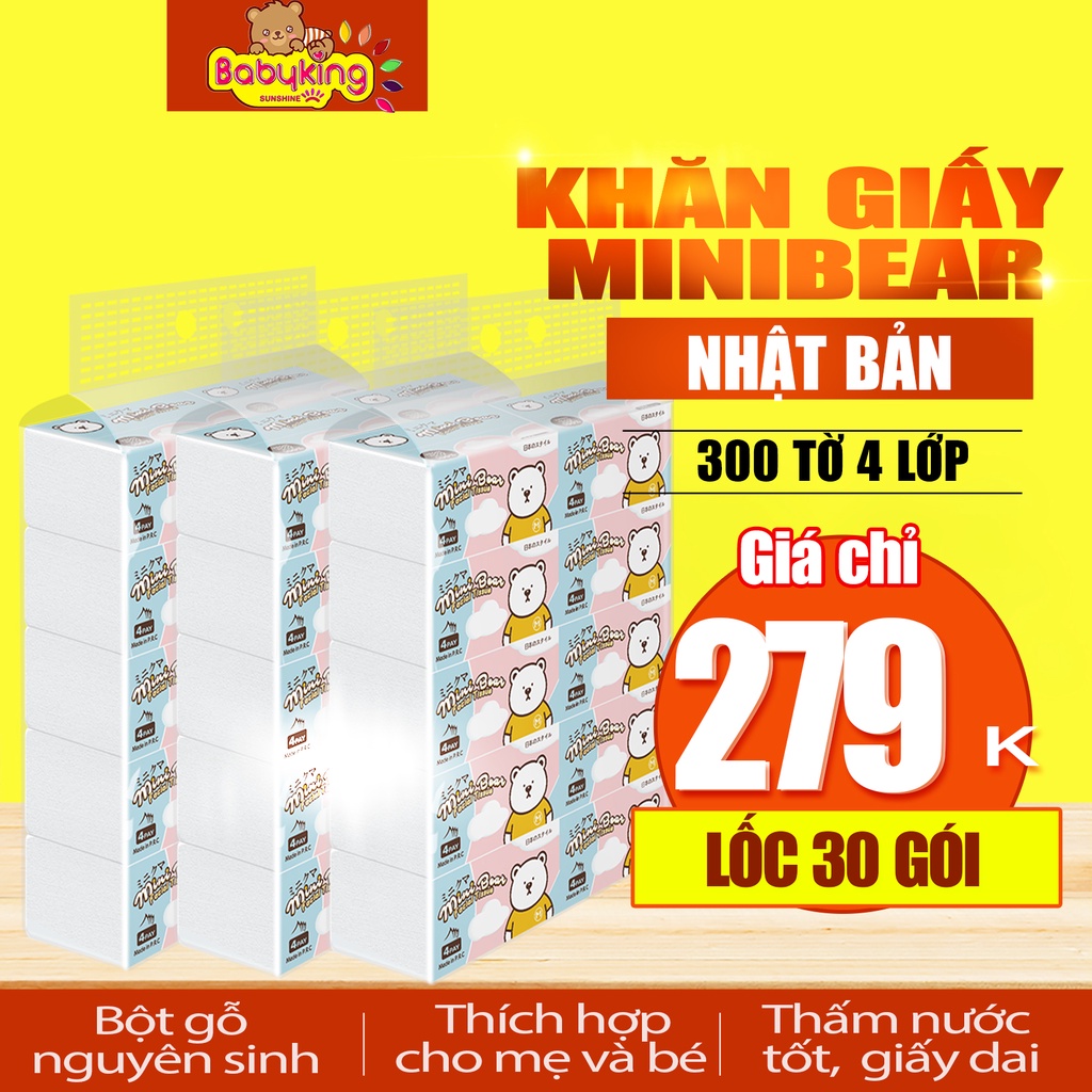 Lốc 30 Gói khăn giấy rút Minibear Nhật, giấy khô, giấy lau mặt,giấy vệ sinh 300 tờ 4 lớp, chất liệu thiên nhiên.