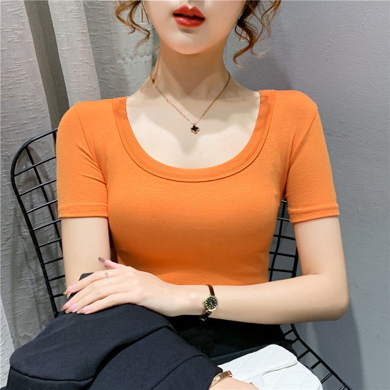 Áo Thun Cotton Mỏng Cổ Chữ U Ngắn Tay Màu Trơn Thời Trang Mùa Hè Hàng Mới Dành Cho Nữ 2022