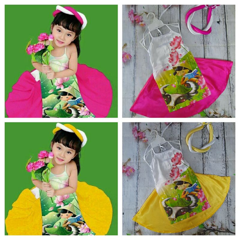 Áo dài cổ yếm cho bé gái kèm mấn 9-40kg