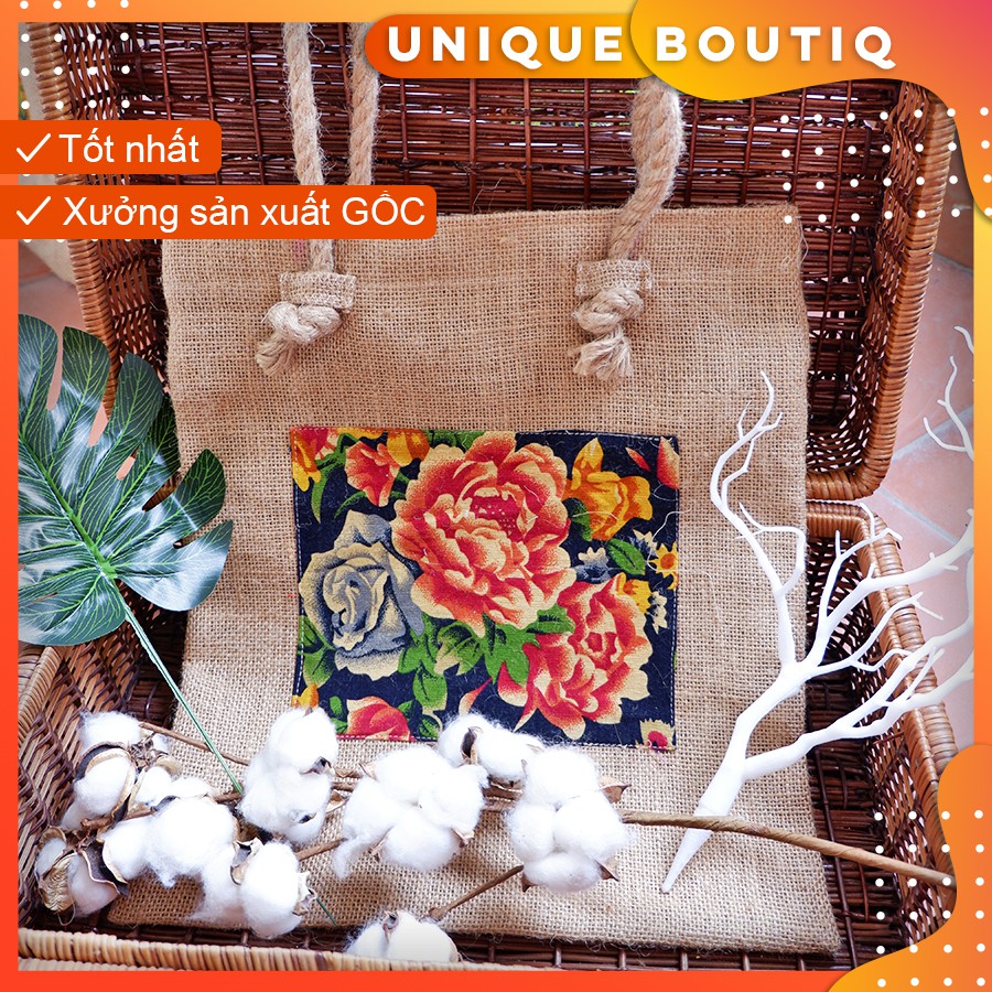 Túi tote / túi vải / phong cách vintage / vải đay quai thừng hoa đen / dùng đi học, đi chơi, phụ kiện chụp ảnh cực chất