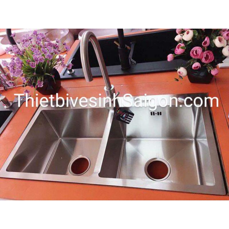 (Tặng Vòi) Bồn rửa chén, chậu rửa bát đúc nguyên khối 2 ngăn Inox SUS 304. Model 8245D, 8245L giá rẻ